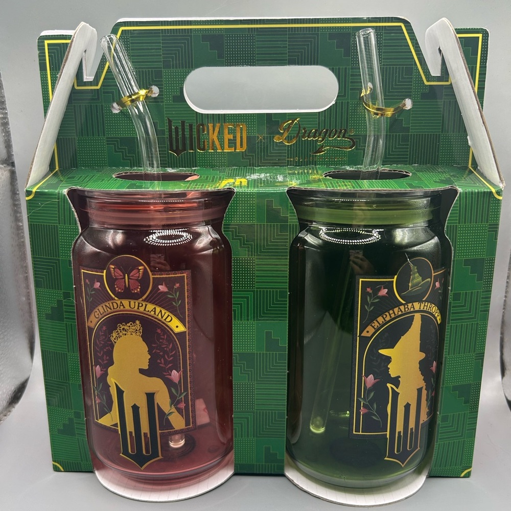 Wicked Dragon Glinda And Elphaba Drinking Glass Set With Lid And Straw BRAND NEW
